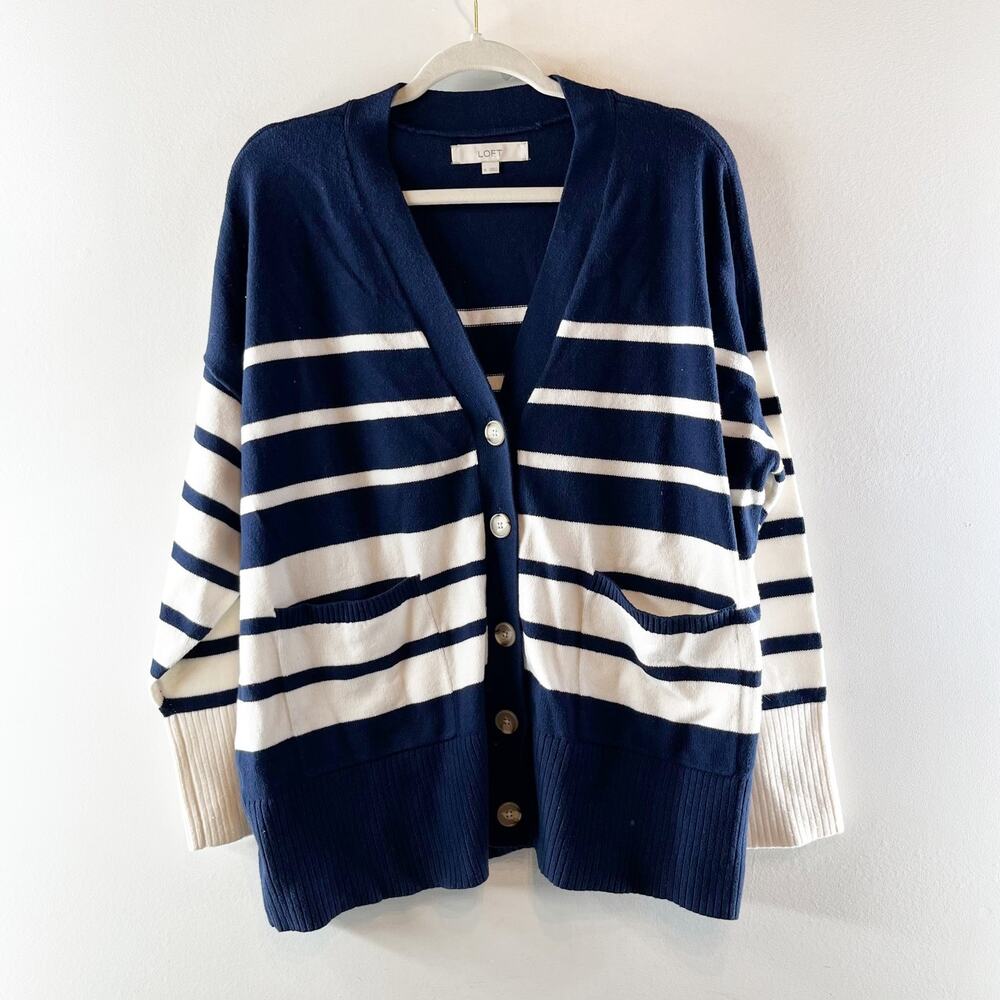 LOFT Cotton Blend Long Sleeve V Neck Striped Cardigan Sweater Navy Blue White XL